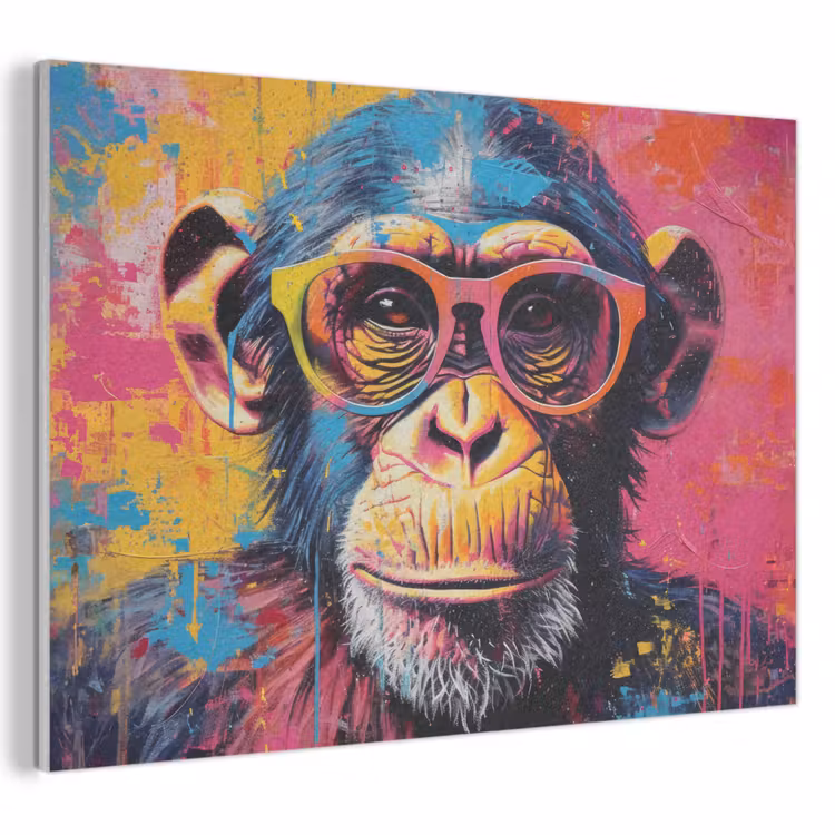 Akoestisch schilderij - Graffiti - Chimpansee - Aap - Bril - Kleurrijk — 1