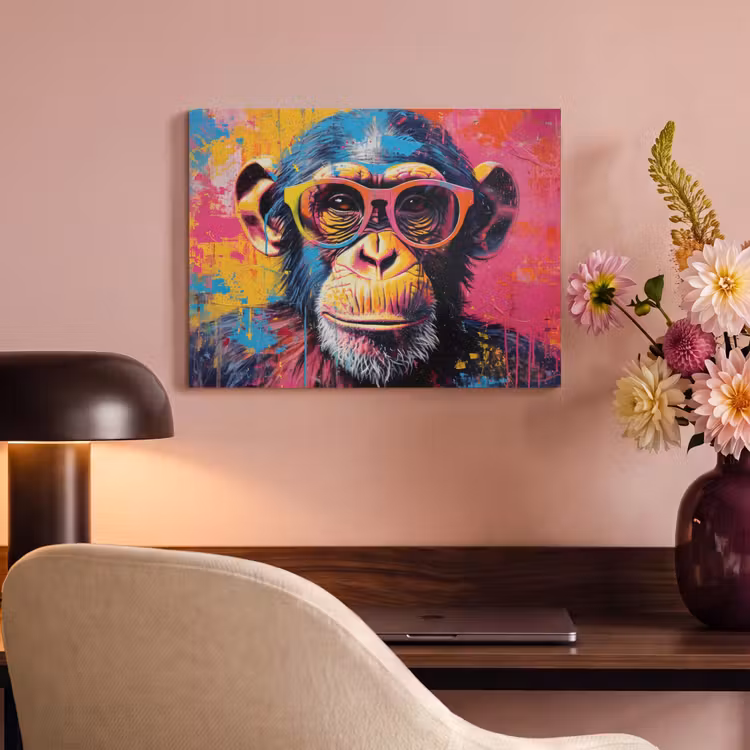 Akoestisch schilderij - Graffiti - Chimpansee - Aap - Bril - Kleurrijk — 4
