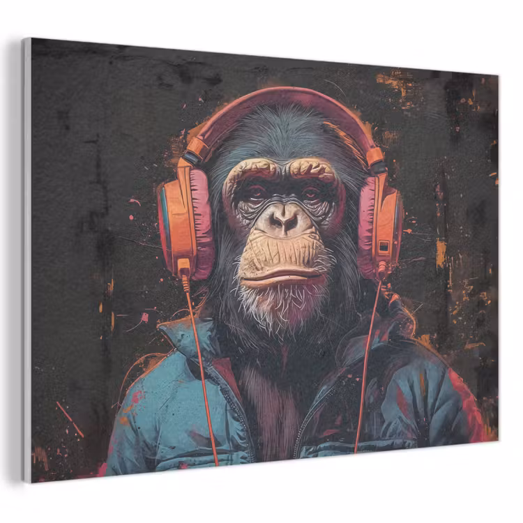 Akoestisch schilderij - Graffiti - Chimpansee - Koptelefoon - Aap — 1