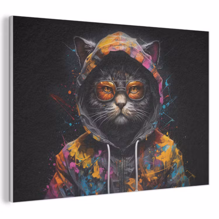 Akoestisch schilderij - Kat - Jas - Graffiti - Bril - Zwart — 1