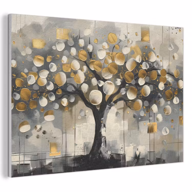 Akoestisch schilderij - Boom - Abstract - Beige - Goud - Zwart — 1
