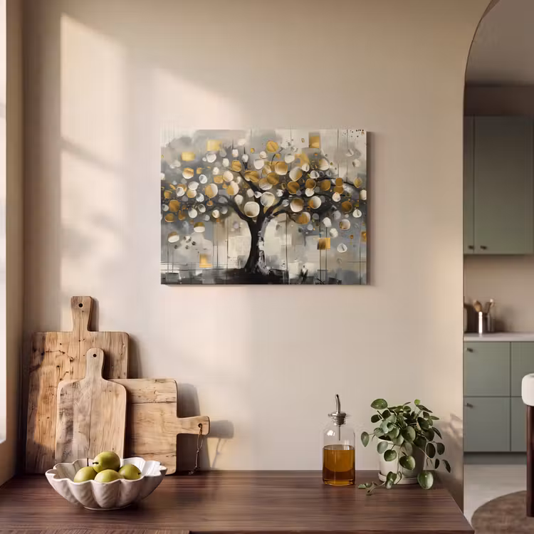 Akoestisch schilderij - Boom - Abstract - Beige - Goud - Zwart — 3