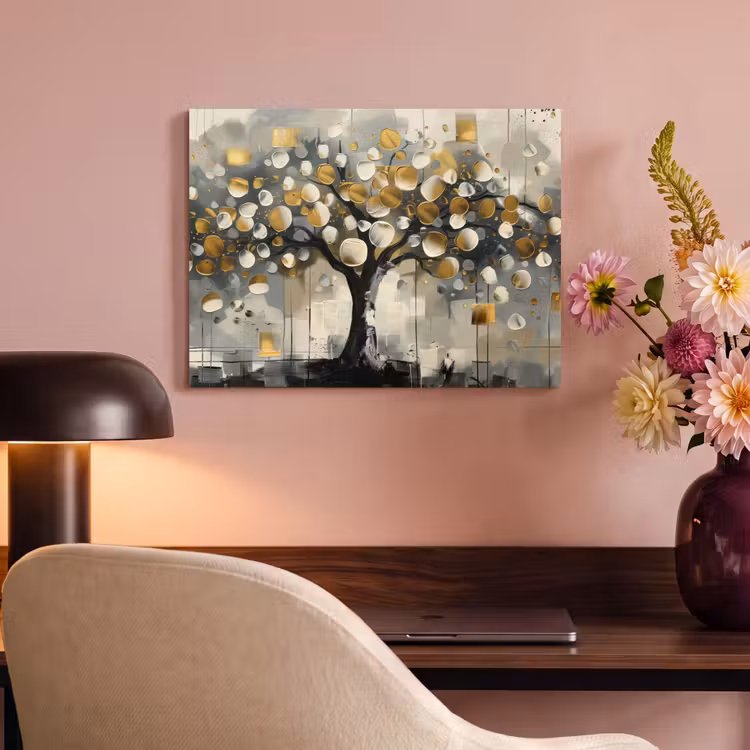 Akoestisch schilderij - Boom - Abstract - Beige - Goud - Zwart — 4