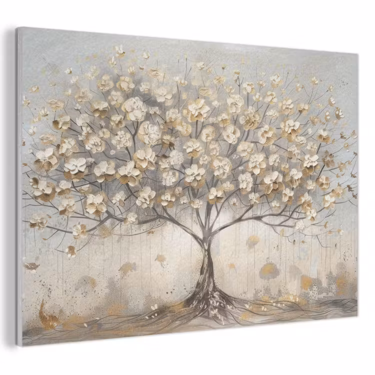 Akoestisch schilderij - Boom - Beige - Goud - Verflook - Grijs — 1