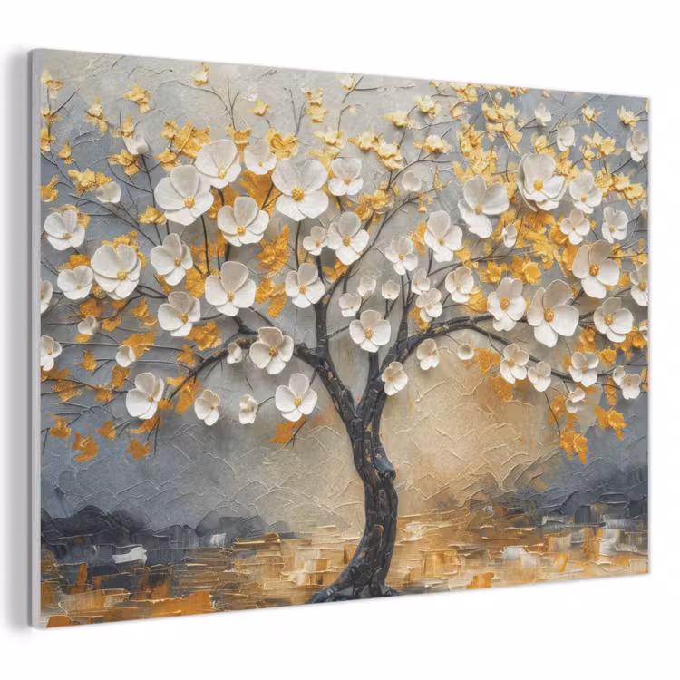 Akoestisch schilderij - Boom - Bloemen - Goud - Beige — 1