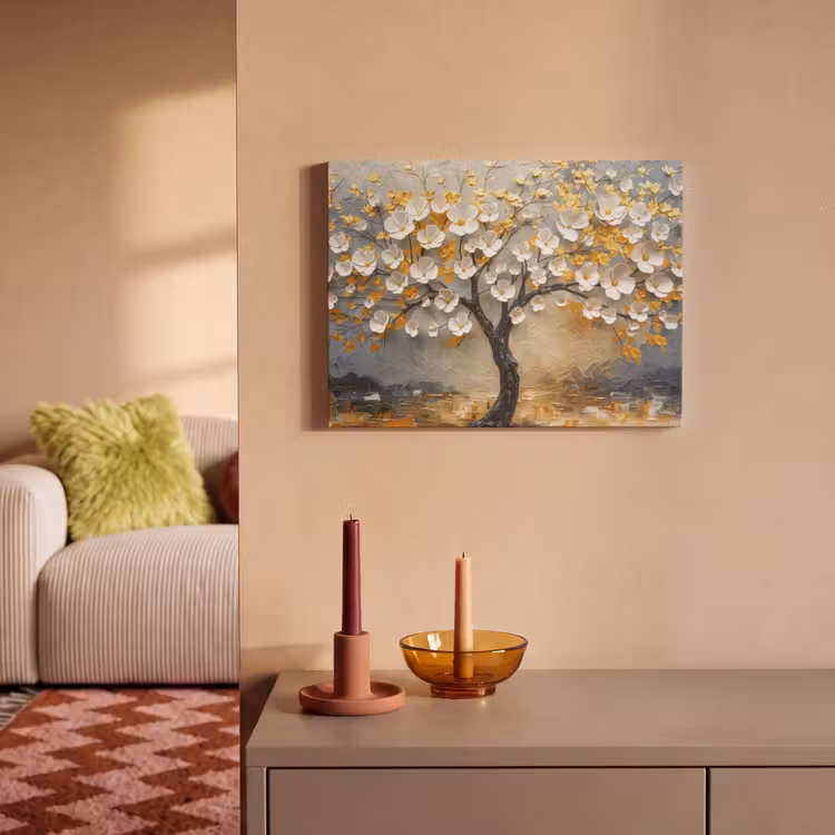 Akoestisch schilderij - Boom - Bloemen - Goud - Beige — 2
