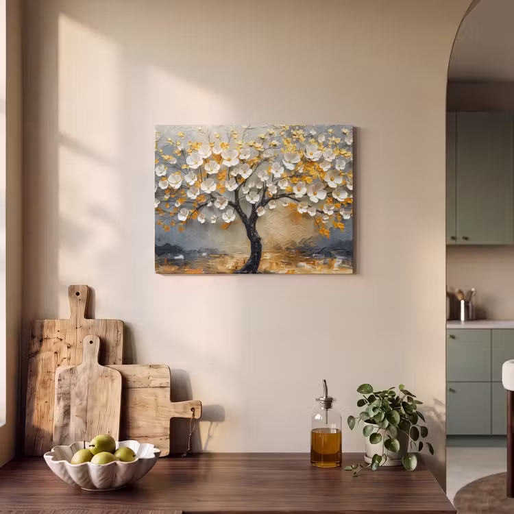 Akoestisch schilderij - Boom - Bloemen - Goud - Beige — 3