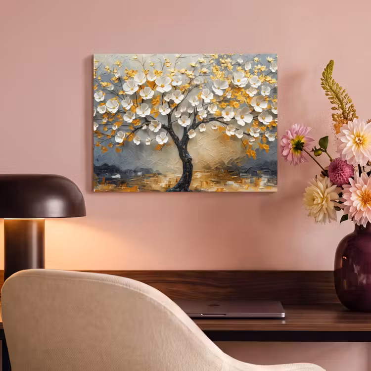 Akoestisch schilderij - Boom - Bloemen - Goud - Beige — 4