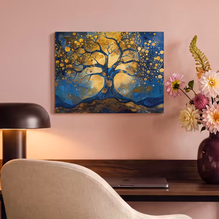 Akoestisch schilderij - Boom - Levensboom - Blauw - Goud — 4