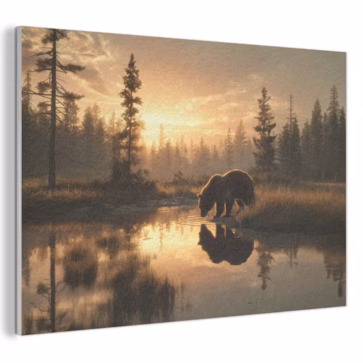 Akoestisch schilderij - Beer - water - Bos - Ochtendlicht — 1