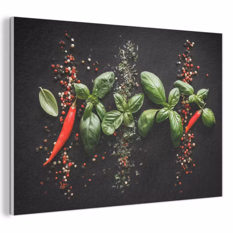 Akoestisch schilderij - Chilipepers - Basilicum - Blaadjes - Rood — 1