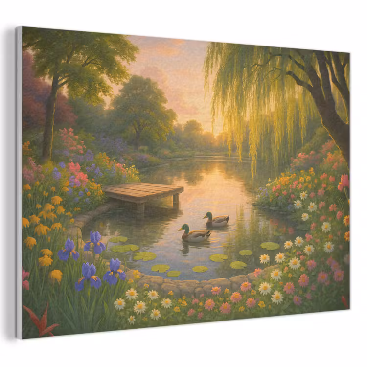 Akoestisch schilderij - Eenden - Vijver - Bloemen — 1