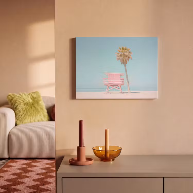 Akoestisch schilderij - Palmboom - Strandhuis - Roze — 2