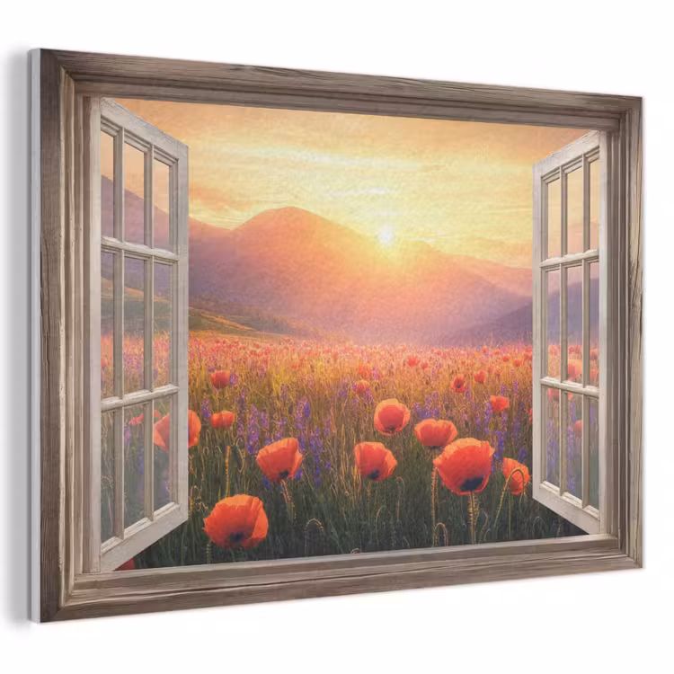 Akoestisch schilderij - Doorkijk - Klaprozen - Bloemen - Rood - Open raam — 1