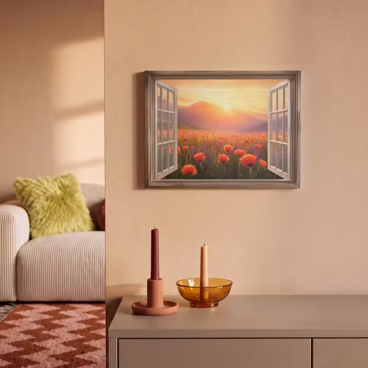 Akoestisch schilderij - Doorkijk - Klaprozen - Bloemen - Rood - Open raam — 2