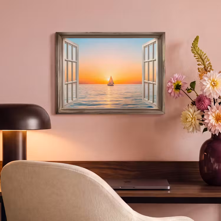 Akoestisch schilderij - Doorkijk - Zee - Boot - Zonsondergang — 4