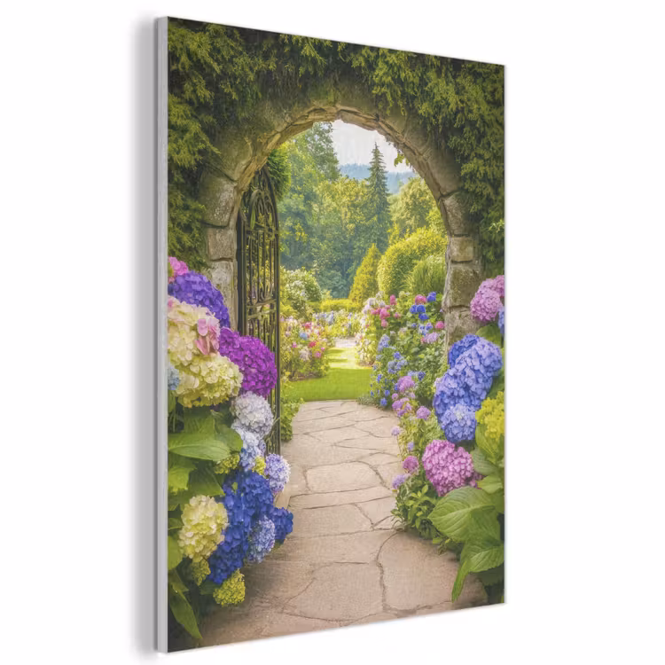 Akoestisch schilderij - Doorkijk - Poort - Hortensia - Bloementuin — 1