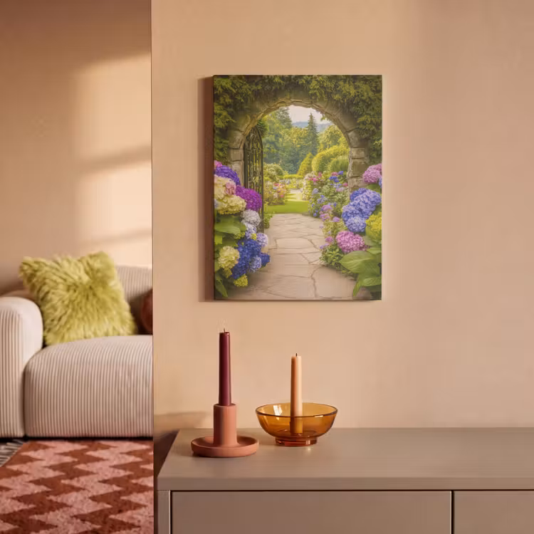 Akoestisch schilderij - Doorkijk - Poort - Hortensia - Bloementuin — 2