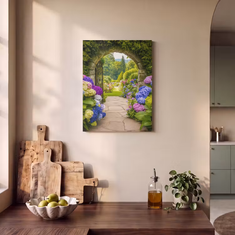 Akoestisch schilderij - Doorkijk - Poort - Hortensia - Bloementuin — 3