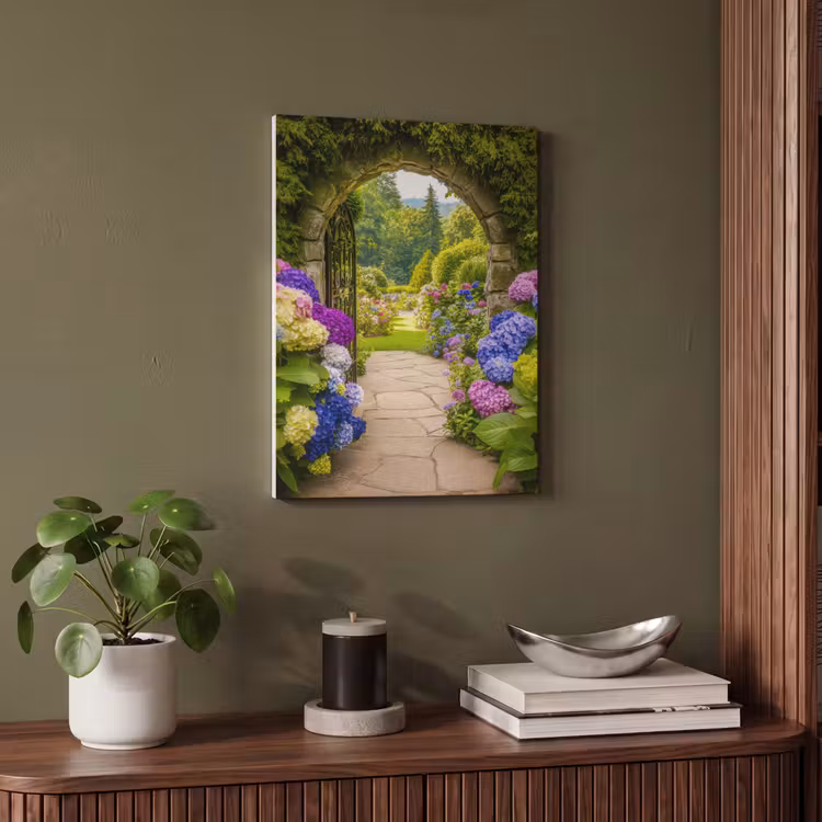 Akoestisch schilderij - Doorkijk - Poort - Hortensia - Bloementuin — 4