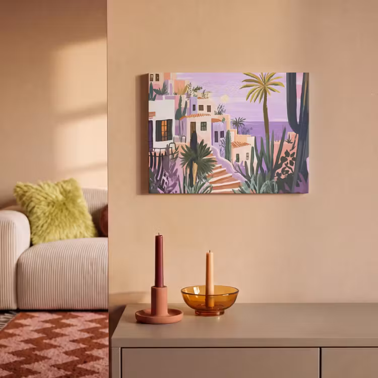 Akoestisch schilderij - Huizen - Minimalistisch - Palmbomen - Kust — 2