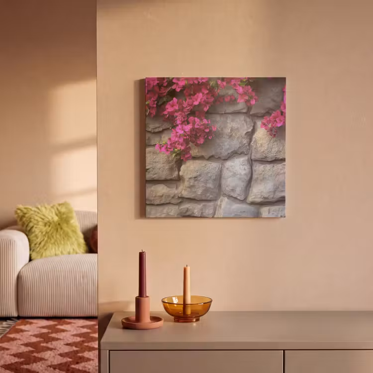 Akoestisch schilderij - Bougainvillea - Stenen Muur - Roze — 2