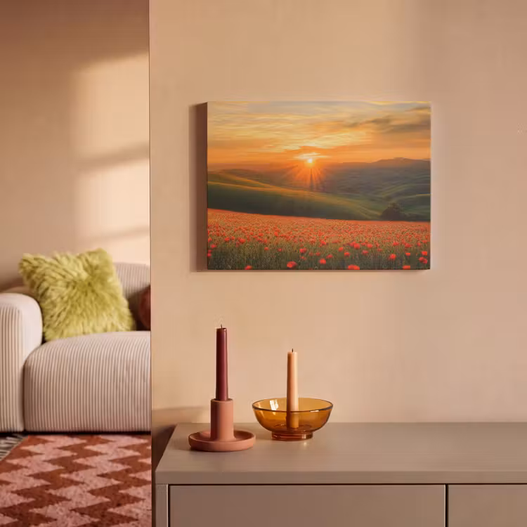 Akoestisch schilderij - Klaprozen - Bloemen - Heuvels - Zonsondergang — 2