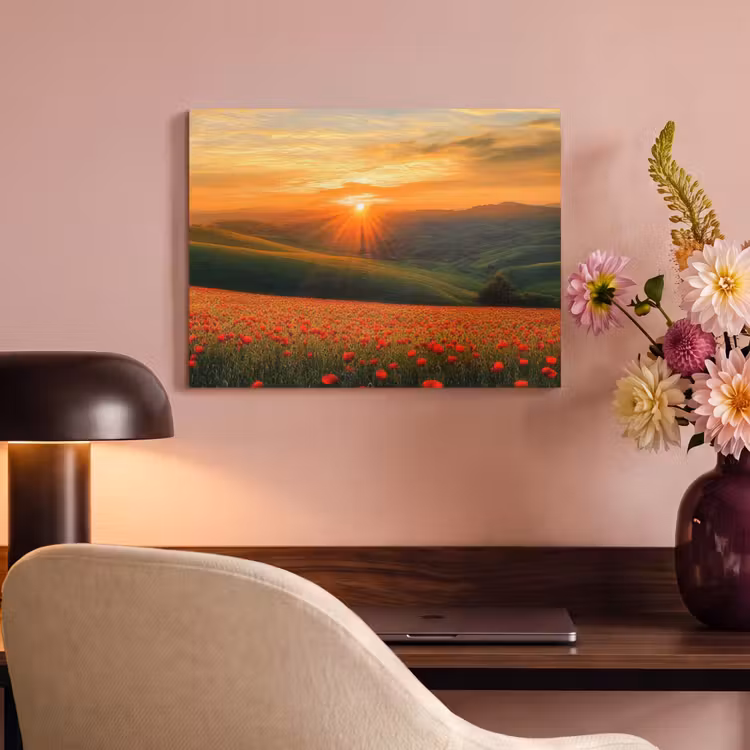 Akoestisch schilderij - Klaprozen - Bloemen - Heuvels - Zonsondergang — 4