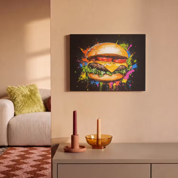 Akoestisch schilderij - Hamburger - Graffiti - Verf - Kleurrijk - Eten - Abstract — 2