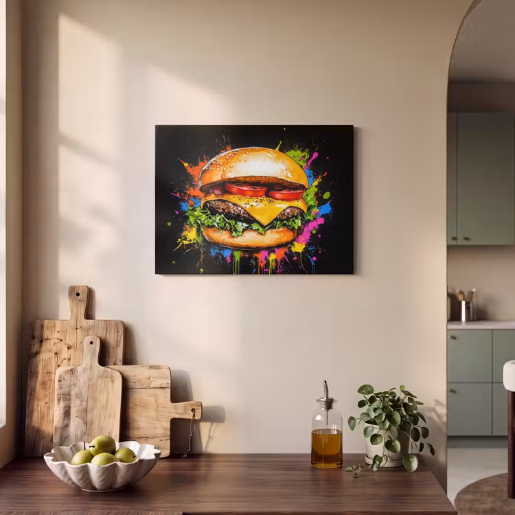 Akoestisch schilderij - Hamburger - Graffiti - Verf - Kleurrijk - Eten - Abstract — 3