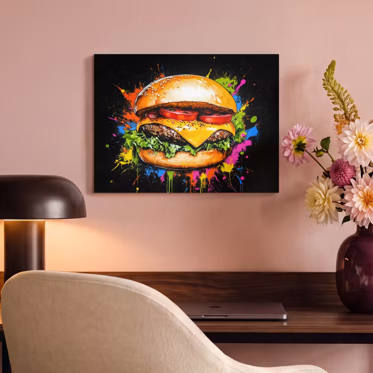 Akoestisch schilderij - Hamburger - Graffiti - Verf - Kleurrijk - Eten - Abstract — 4