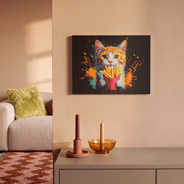 Akoestisch schilderij - Kat - Eten - Patat - Graffiti - Abstract — 2