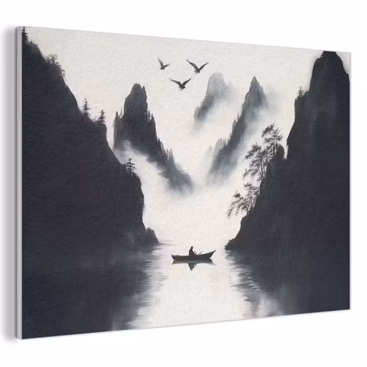 Akoestisch schilderij - Roeiboot - Mistig - Bergen - Vogels — 1