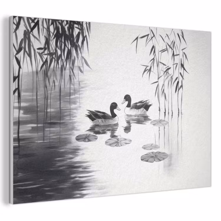 Akoestisch schilderij - Eenden - Waterlelies - Riet - Zwart — 1