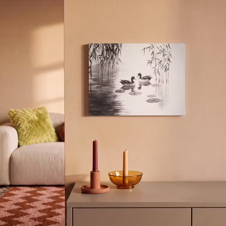 Akoestisch schilderij - Eenden - Waterlelies - Riet - Zwart — 2