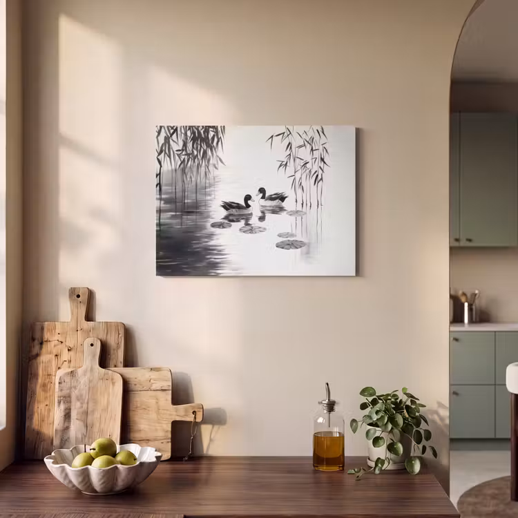 Akoestisch schilderij - Eenden - Waterlelies - Riet - Zwart — 3