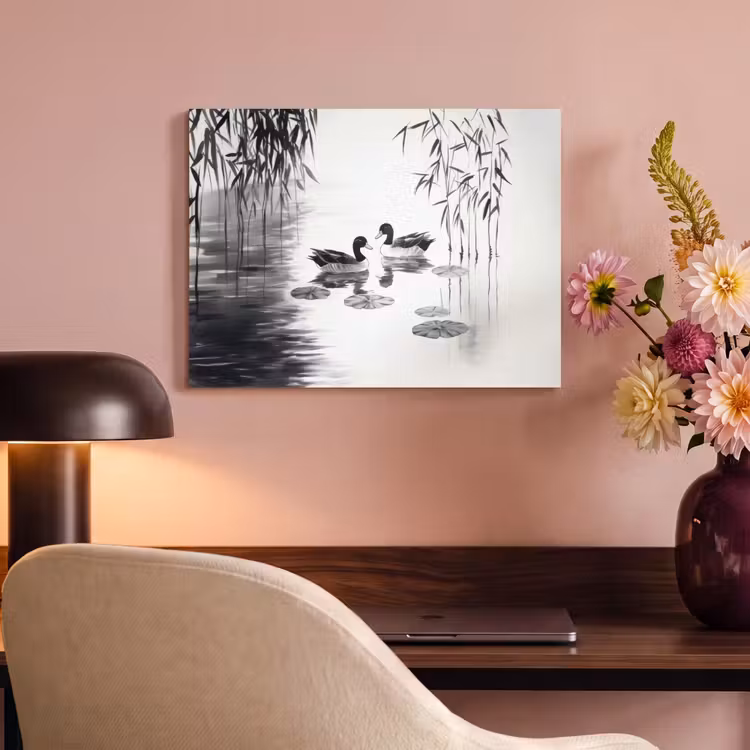 Akoestisch schilderij - Eenden - Waterlelies - Riet - Zwart — 4