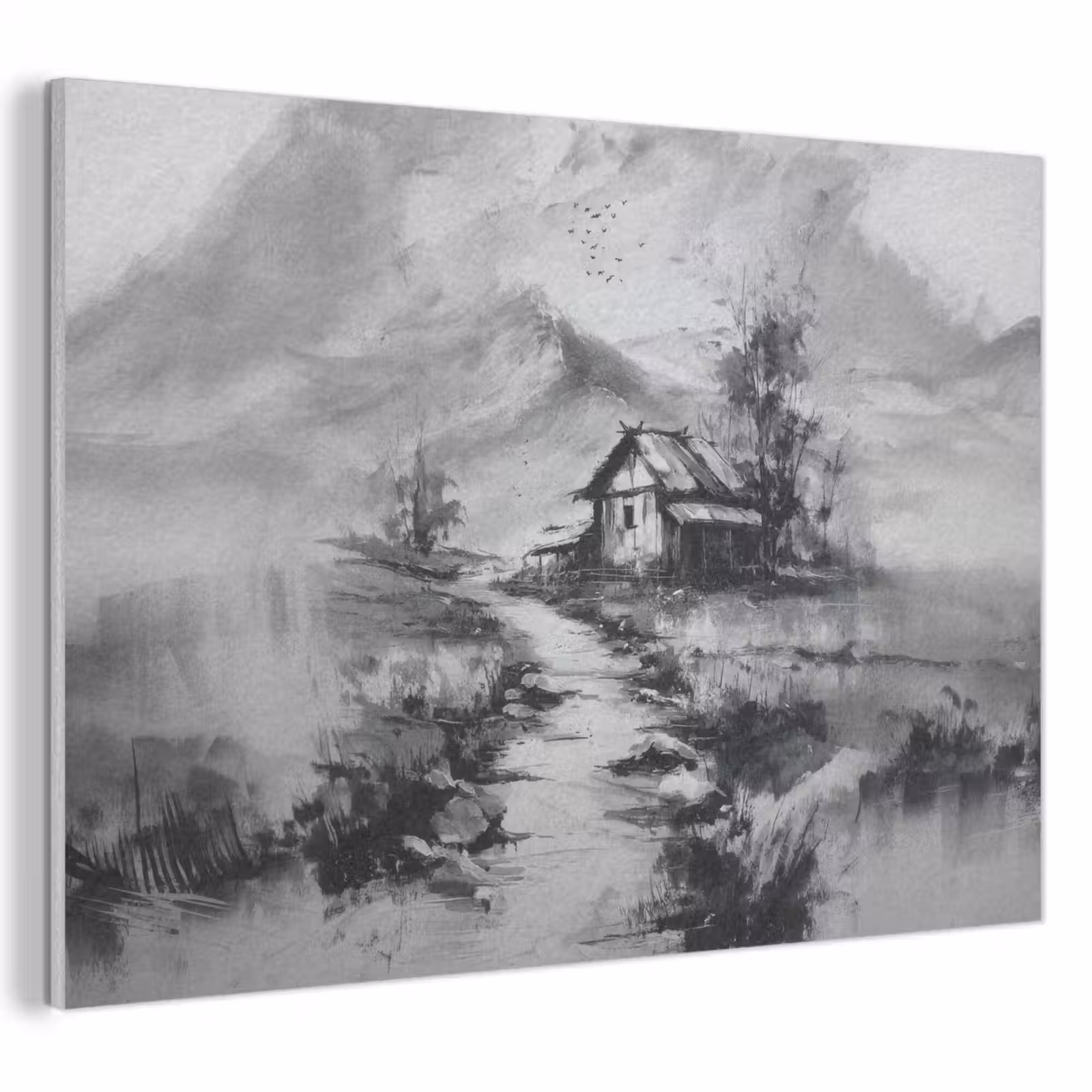 Akoestisch schilderij - Hut - Grijs - Bergen - Mistig — 1
