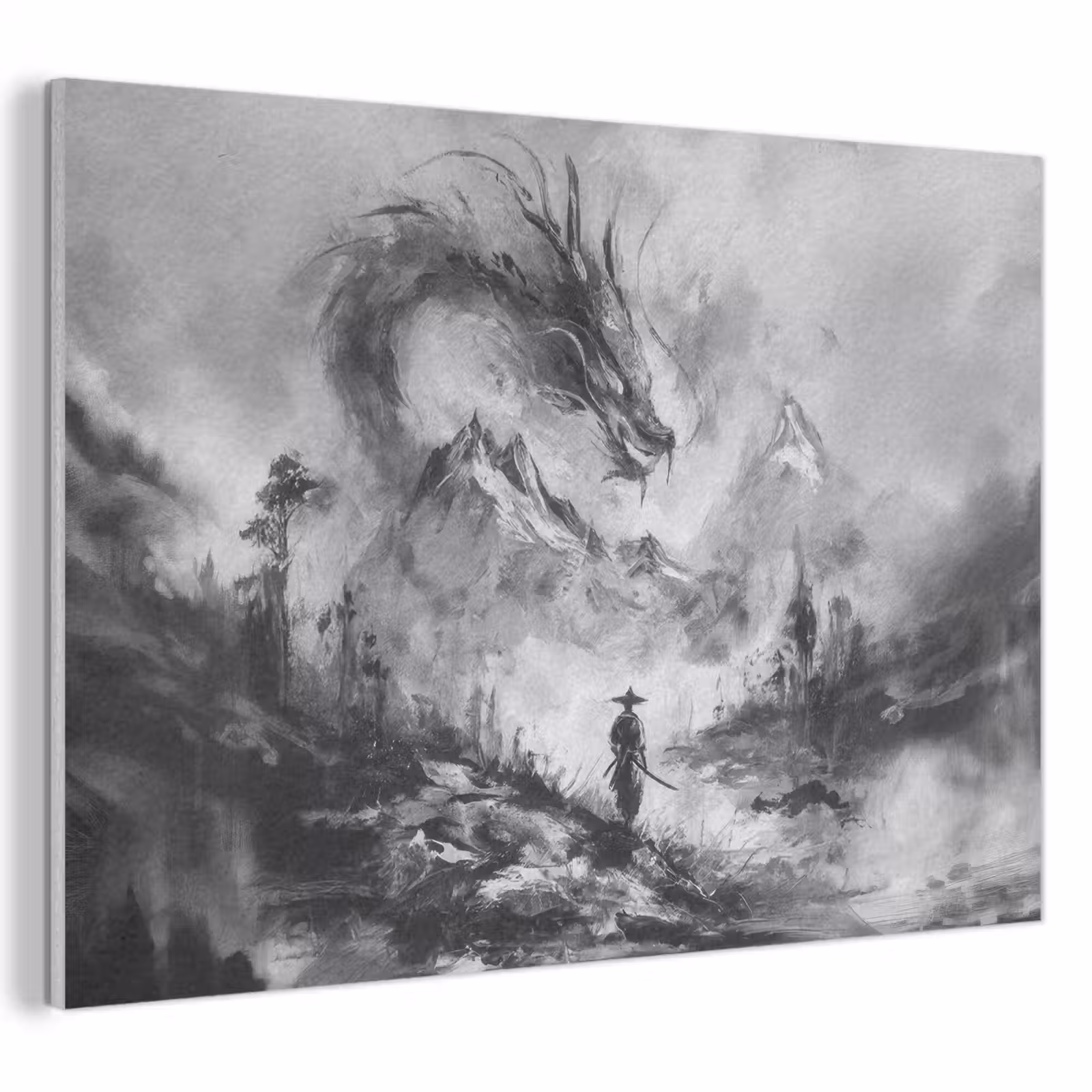 Akoestisch schilderij - Krijger - Draak - Grijs — 1