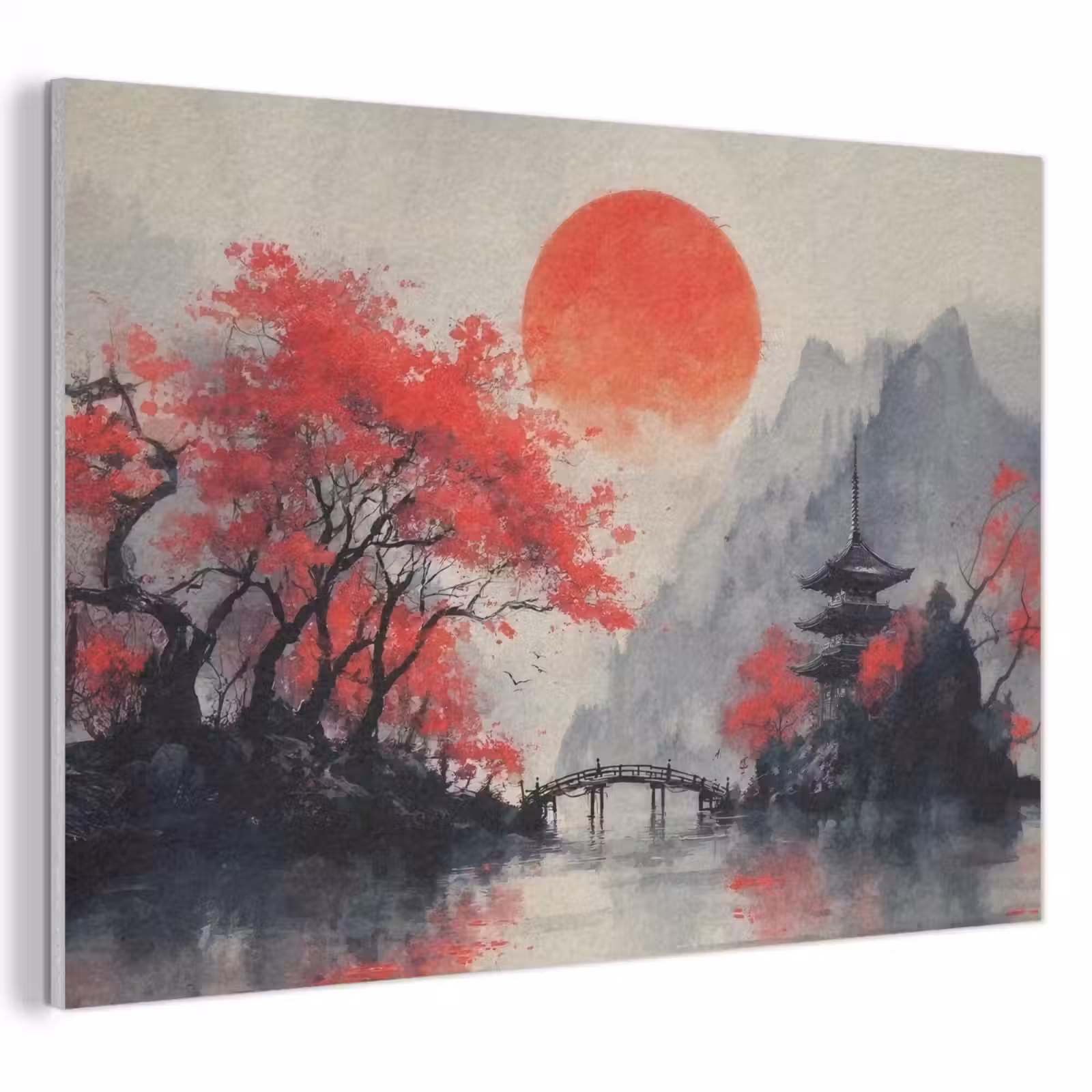 Akoestisch schilderij - Rode zon - Rivier - brug - Bomen — 1
