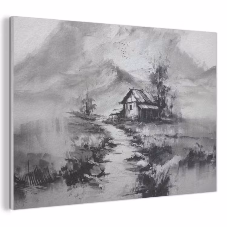 Akoestisch schilderij - Hut - Grijs - Bergen - Mistig — 1