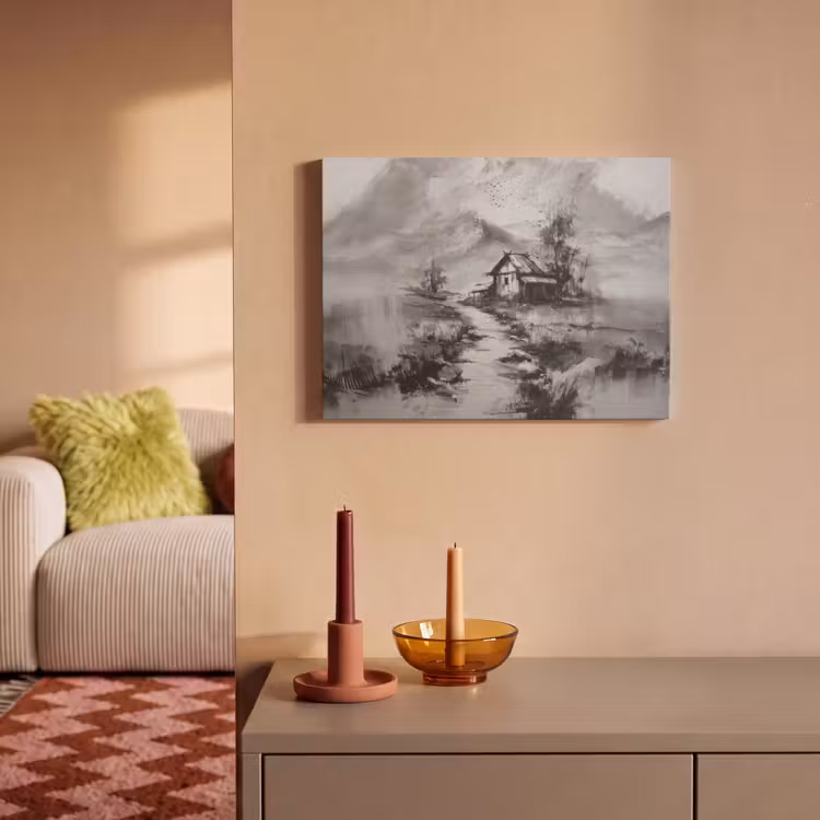 Akoestisch schilderij - Hut - Grijs - Bergen - Mistig — 2