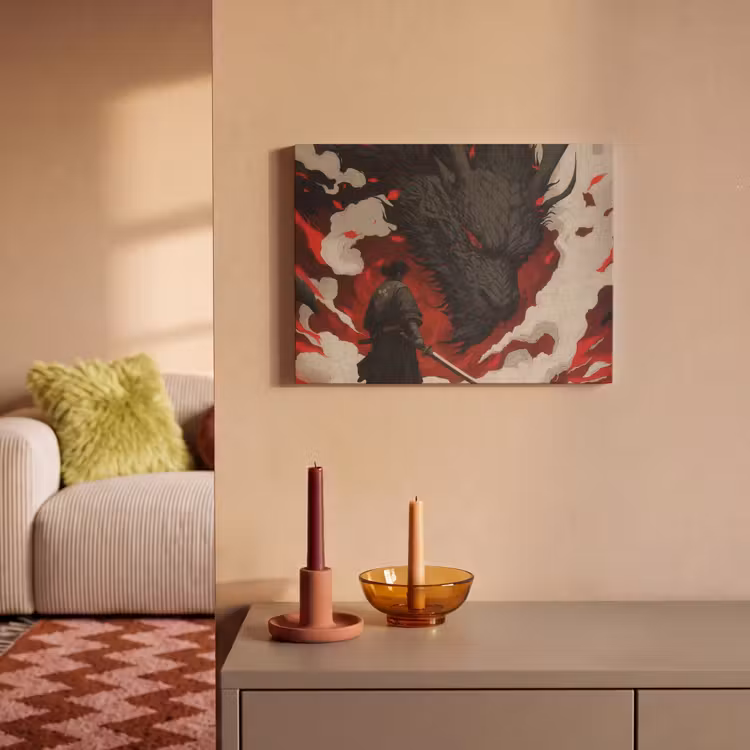 Akoestisch schilderij - Krijger - Draak - Zwart - Rood - Rook — 2