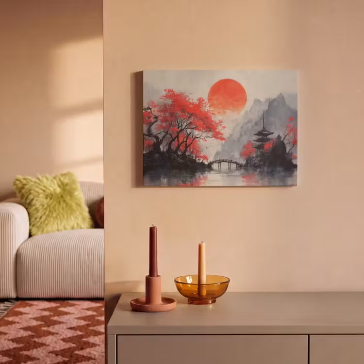 Akoestisch schilderij - Rode zon - Rivier - brug - Bomen — 2