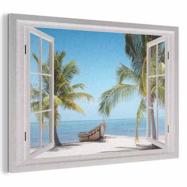 Akoestisch schilderij - Doorkijk - Strand - Palmboom - Boot - Tropisch - Zee - Blauw — 1