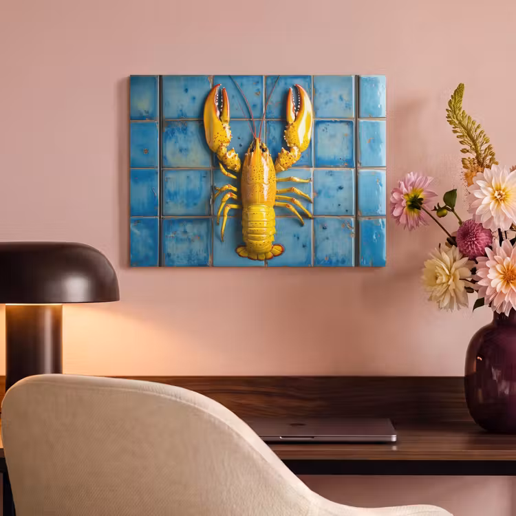 Akoestisch schilderij - Kreeft - Geel - Blauw - Tegels — 4