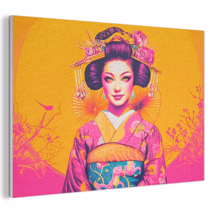 Akoestisch schilderij - Bloemen - Vrouw - Kimono - Roze — 1