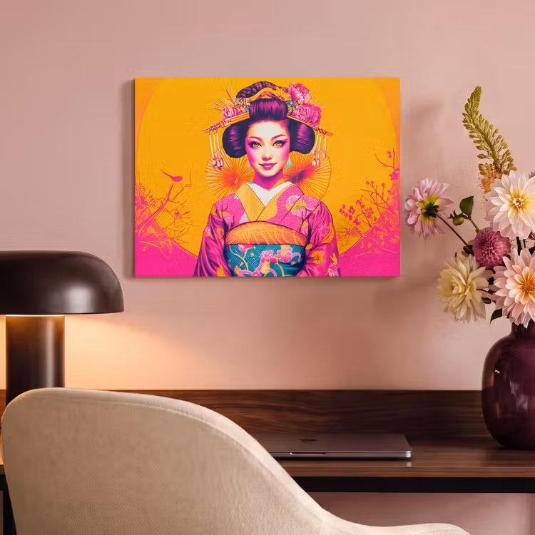 Akoestisch schilderij - Bloemen - Vrouw - Kimono - Roze — 4