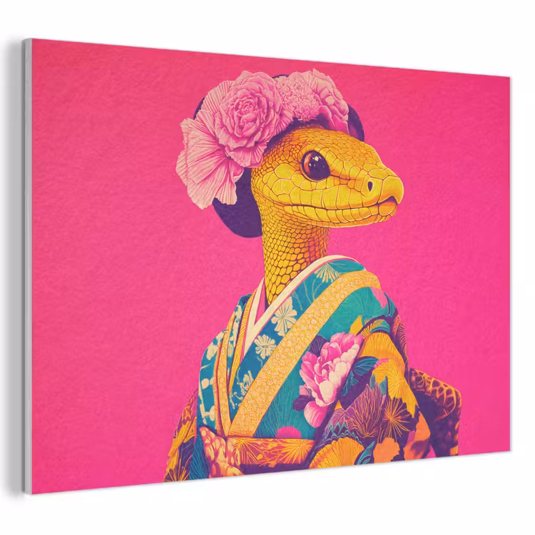 Akoestisch schilderij - Hagedis - Bloemen - Roze - Kimono — 1