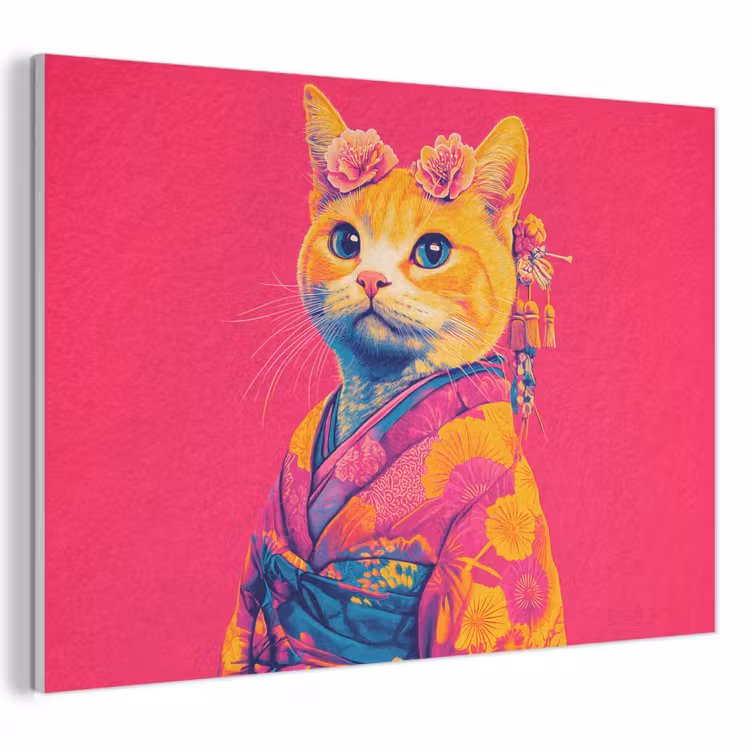 Akoestisch schilderij - Kat - Kimono - Bloemen - Roze — 1
